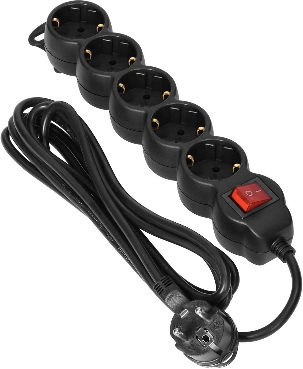 SnelShoppen - Extension Cable 5fold Schuko met Schakelaar H05VV-F 3x1,5mm2 Plat Stekker 16A - 1.5m Verlengsnoer voor Thuis en Kantoor