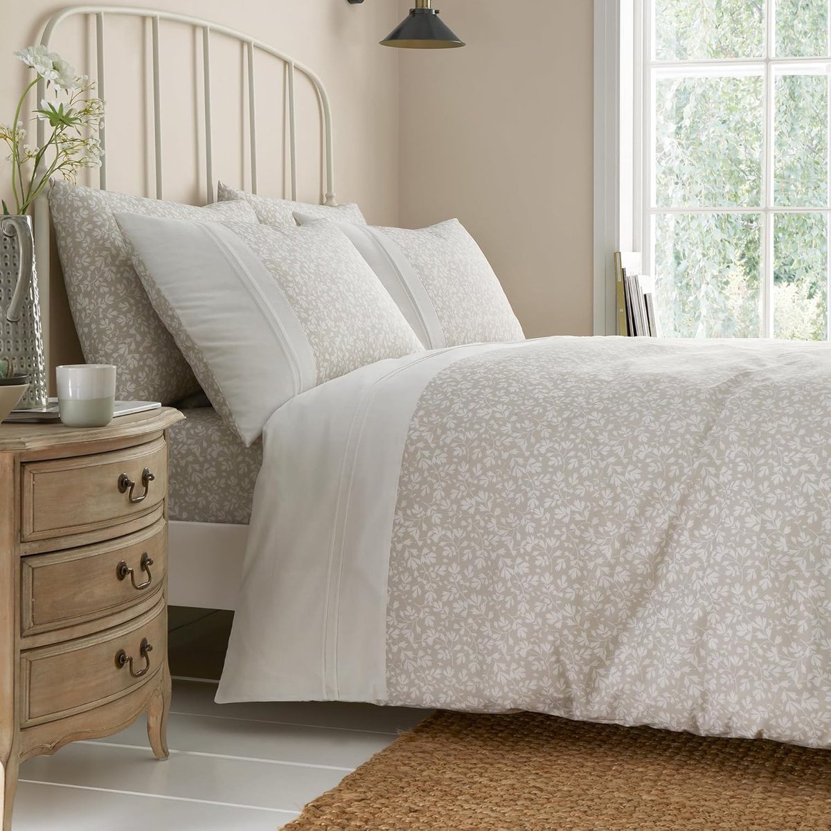 SnelShoppen - Pintuck Leaf Dekbedovertrek - Eenpersoons Beddengoed 140 x 200 cm - 1 Kussensloop - Premium PolyCotton - Bloemmotief in Natuurlijke Crèm