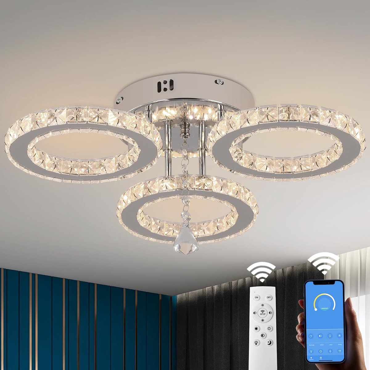 SnelShoppen - Modern Dimbare LED Plafondlamp met Afstandsbediening, Kristallen Chandelier voor Woonkamer, Slaapkamer, Keuken - 3000K 4500K 6000K Warm