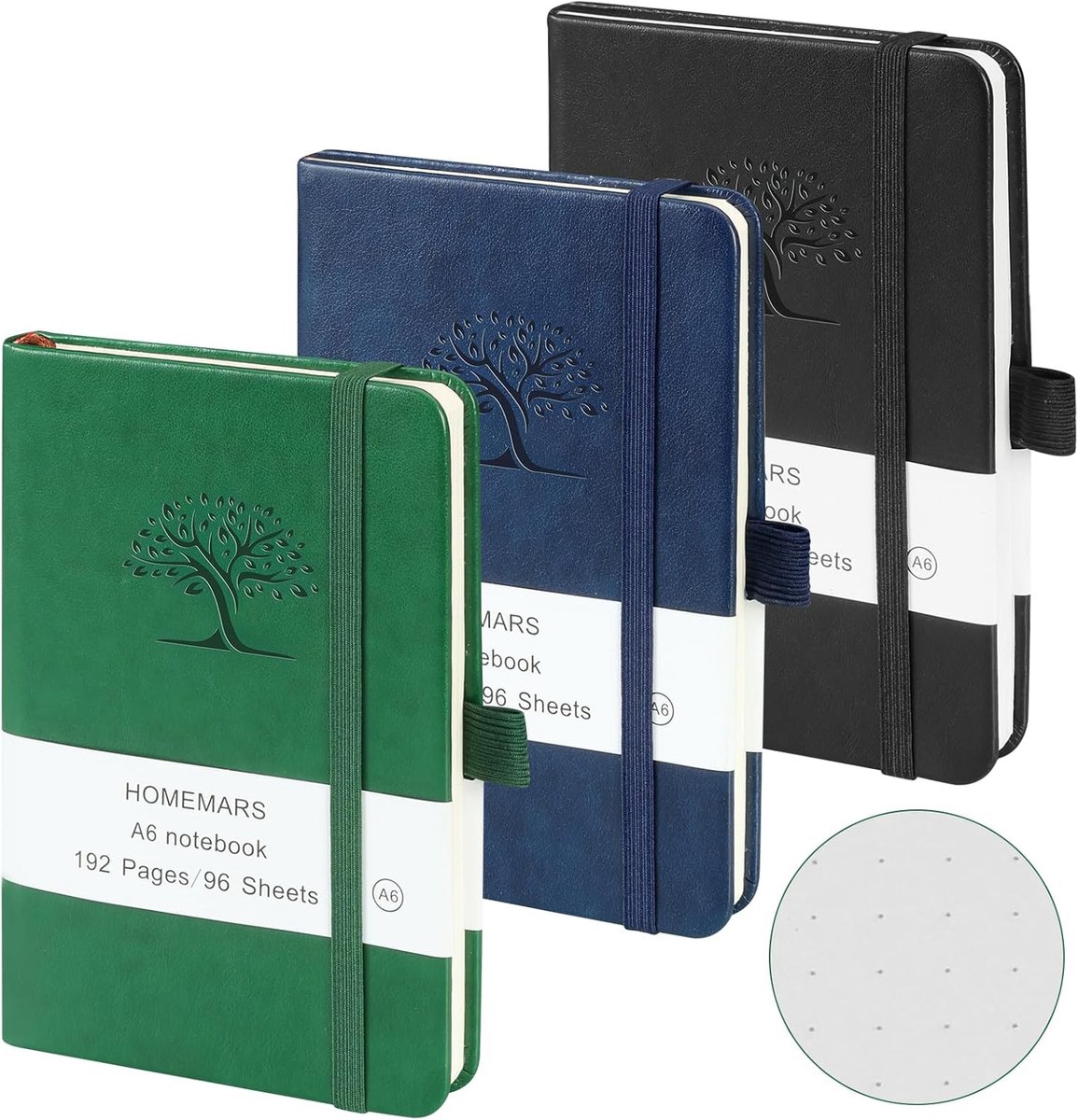 SnelShoppen - A6 Notitieboek Set van 3, Dotted Bullet Journal, Klein Notepad, 14.5x9.7 cm, Paperback, Reisjournal, Leer, Zwart/Groen/Blauw