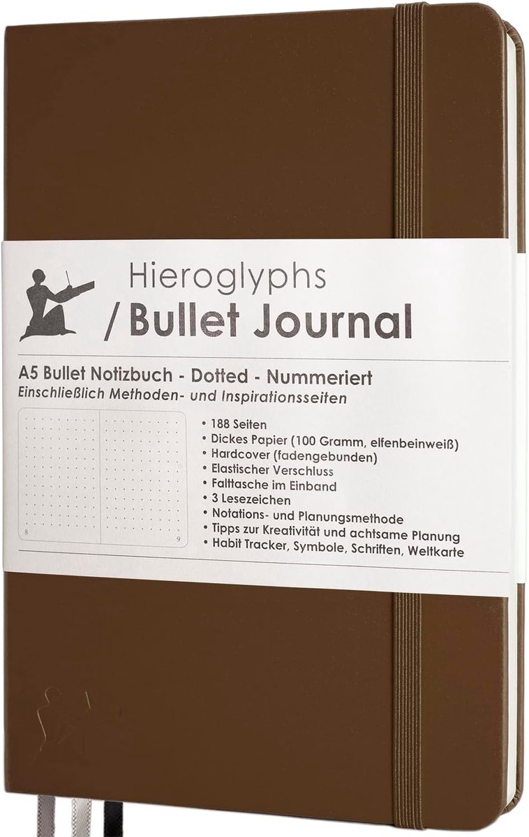 SnelShoppen - Hieroglyphs Bullet Journal Hardcover A5 Dotted Notitieboek met Duitse Handleiding - Genummerde Pagina's, Opbergvak, Drie Boekenleggers,