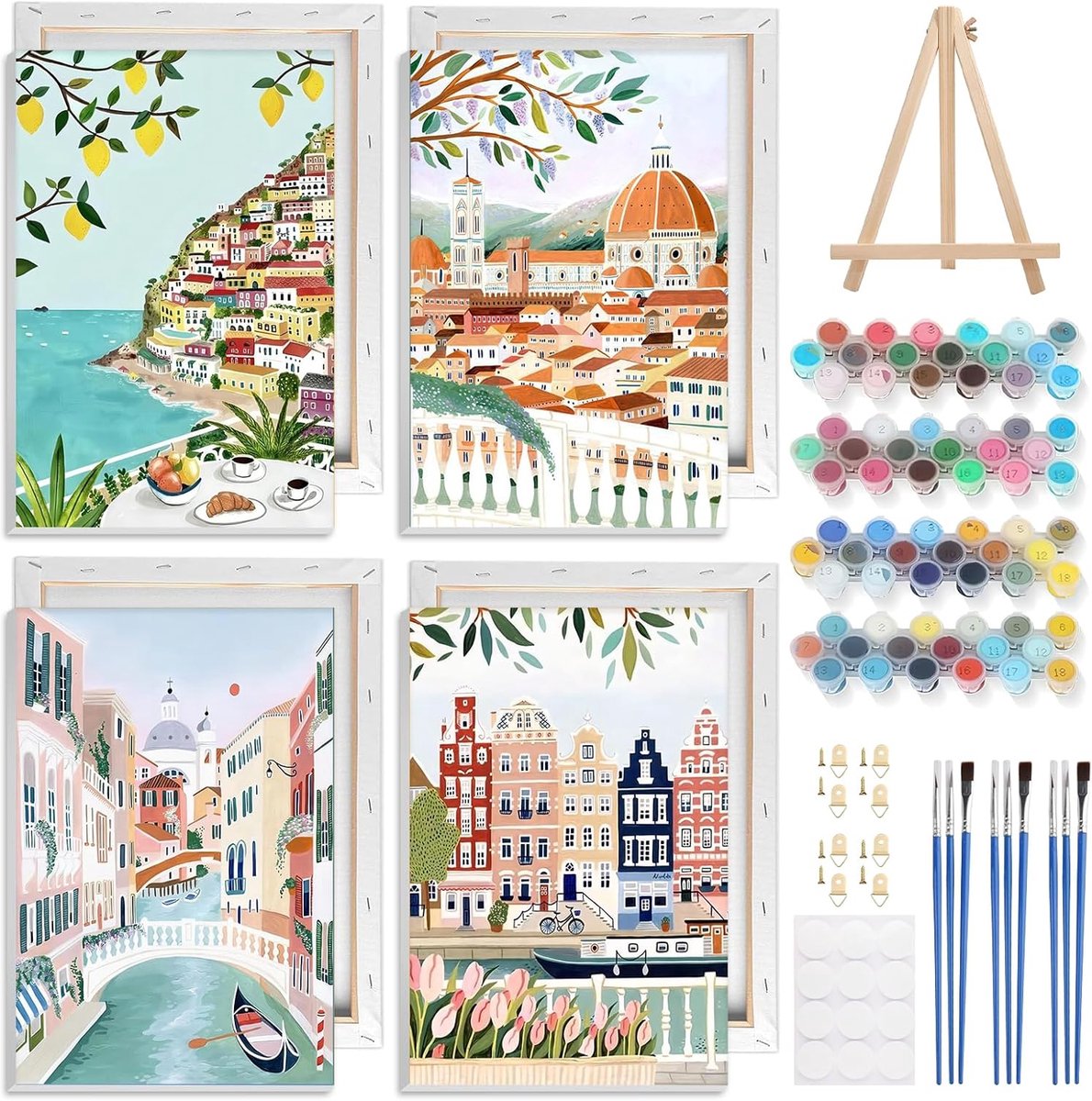 SnelShoppen - 4 Pack Paint by Numbers Set voor Volwassenen en Kinderen, Framed DIY Schilderen op Canvas met Houten Houder, Creatieve Hobby voor Thuis,