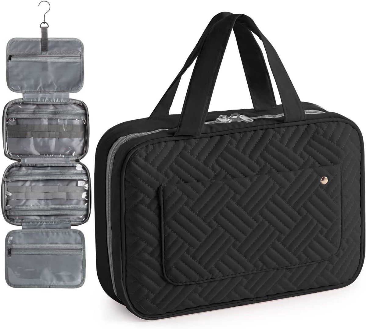 SnelShoppen - Toilettas Make-up Organizer Reistas met 360° Haak - Draagbare Cosmetica Tas - Flanellen Make-up Tas met Waterdichte Vakjes - Zwart