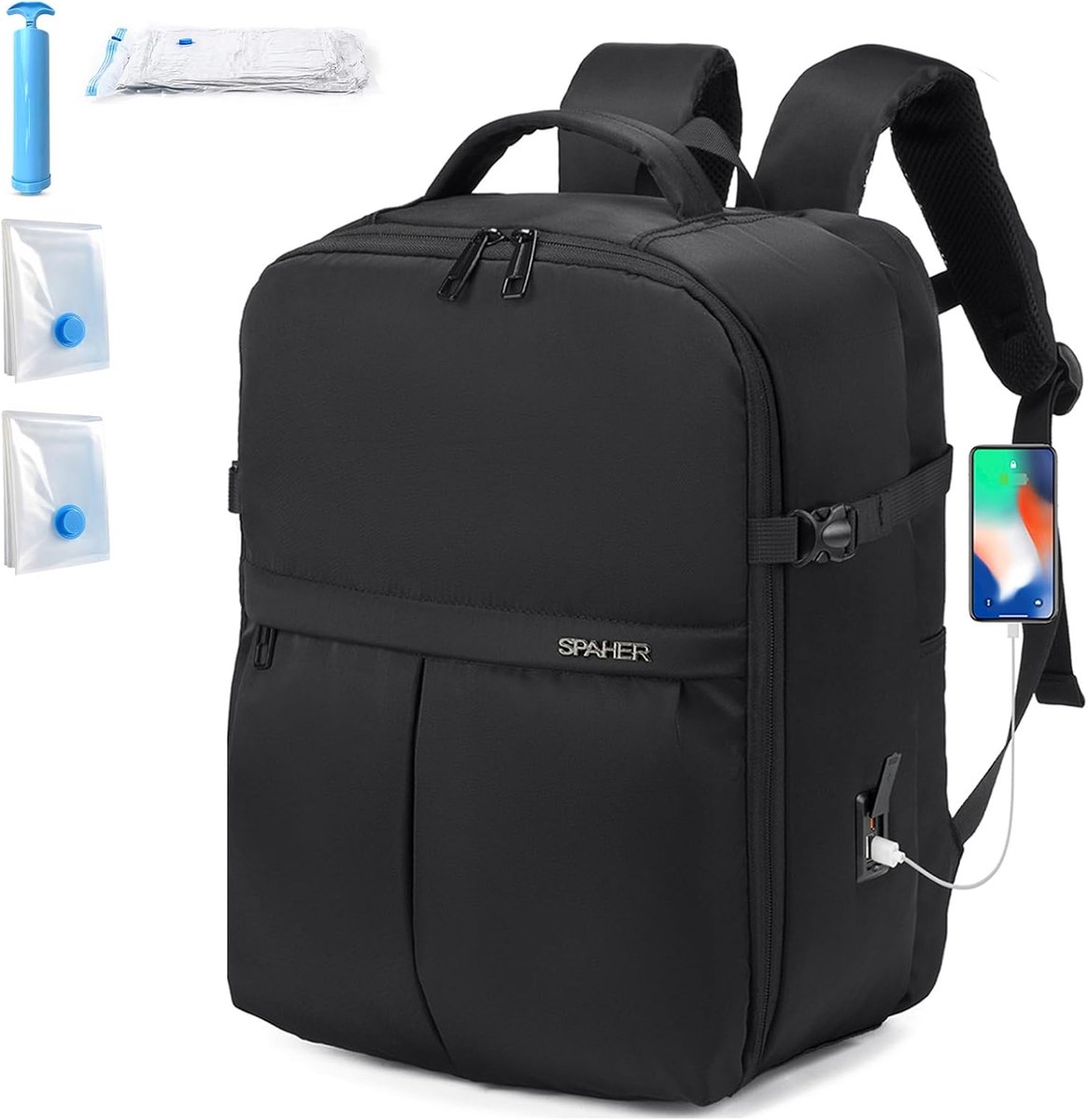 SnelShoppen - 25L Reisrugzak Cabin Luggage 40x30x20cm met USB Oplaadpoort, 180° Opening, Waterdicht, Laptop Compartment voor Werk en Reizen - Zwart