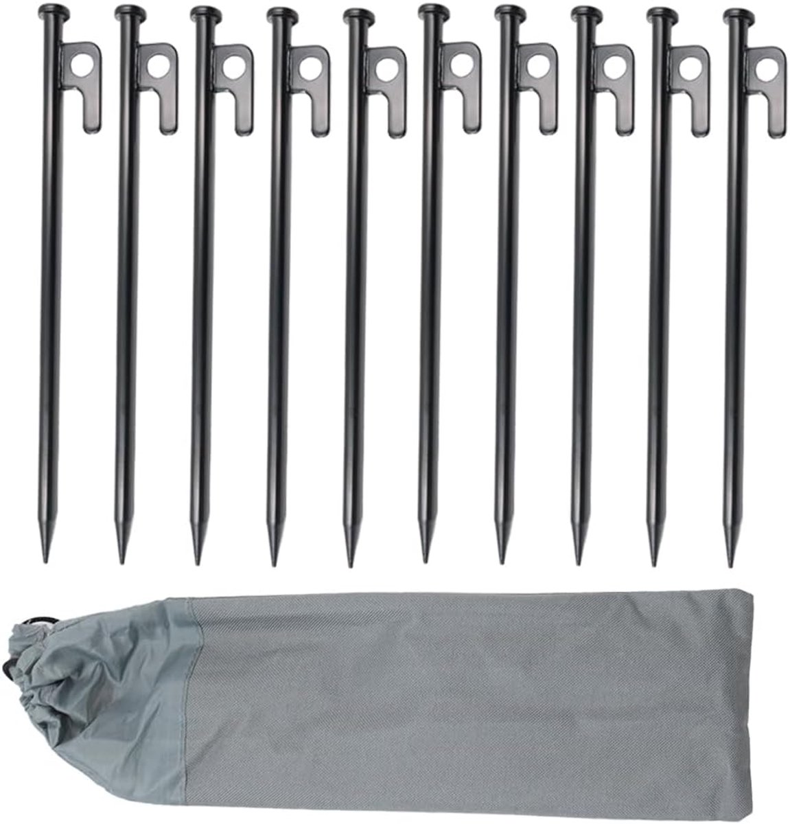 SnelShoppen - Set van 10 Sterke 25 cm Lange Tentstokken met Draagtas - Zware Verstevigde Stalen Haringen voor Camping, Buitenactiviteiten, Vissen, Jag