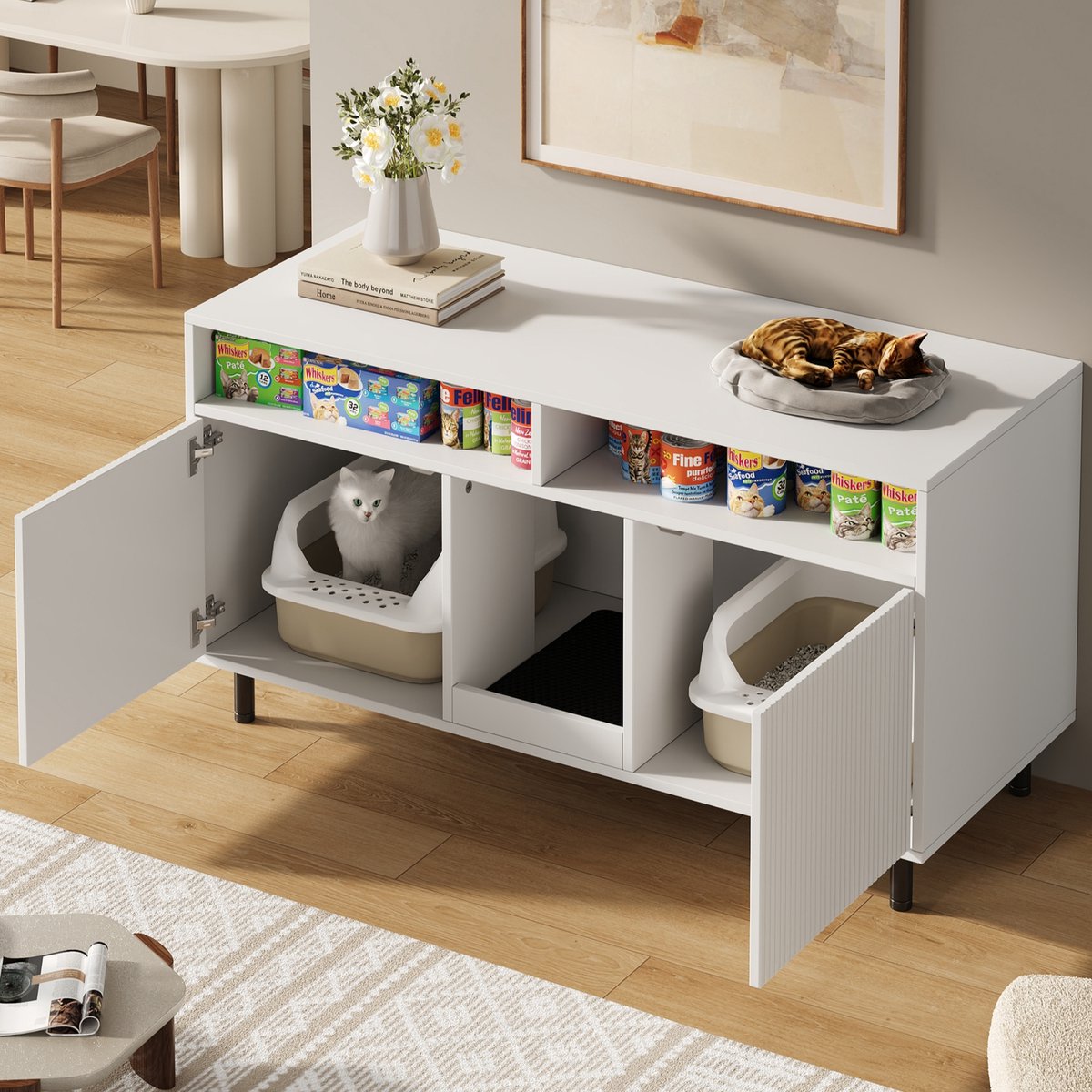 FloraGrace Kattenbakcontainer – Verborgen Ontwerp – 120 x 50 x 66 cm – MDF – Wit – Met Dubbele Deuren, Opbergruimte En Sandopvangmat