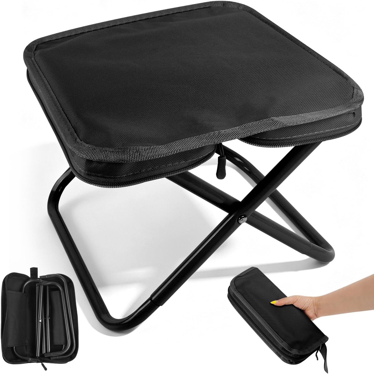 SnelShoppen - Opvouwbare Camping Kruk - Mini Draagbare Tuinstoel - Sterk Staal & 600D Oxford - Zwart - Perfect voor Camping, Tuin, Picknick, Hiking, B