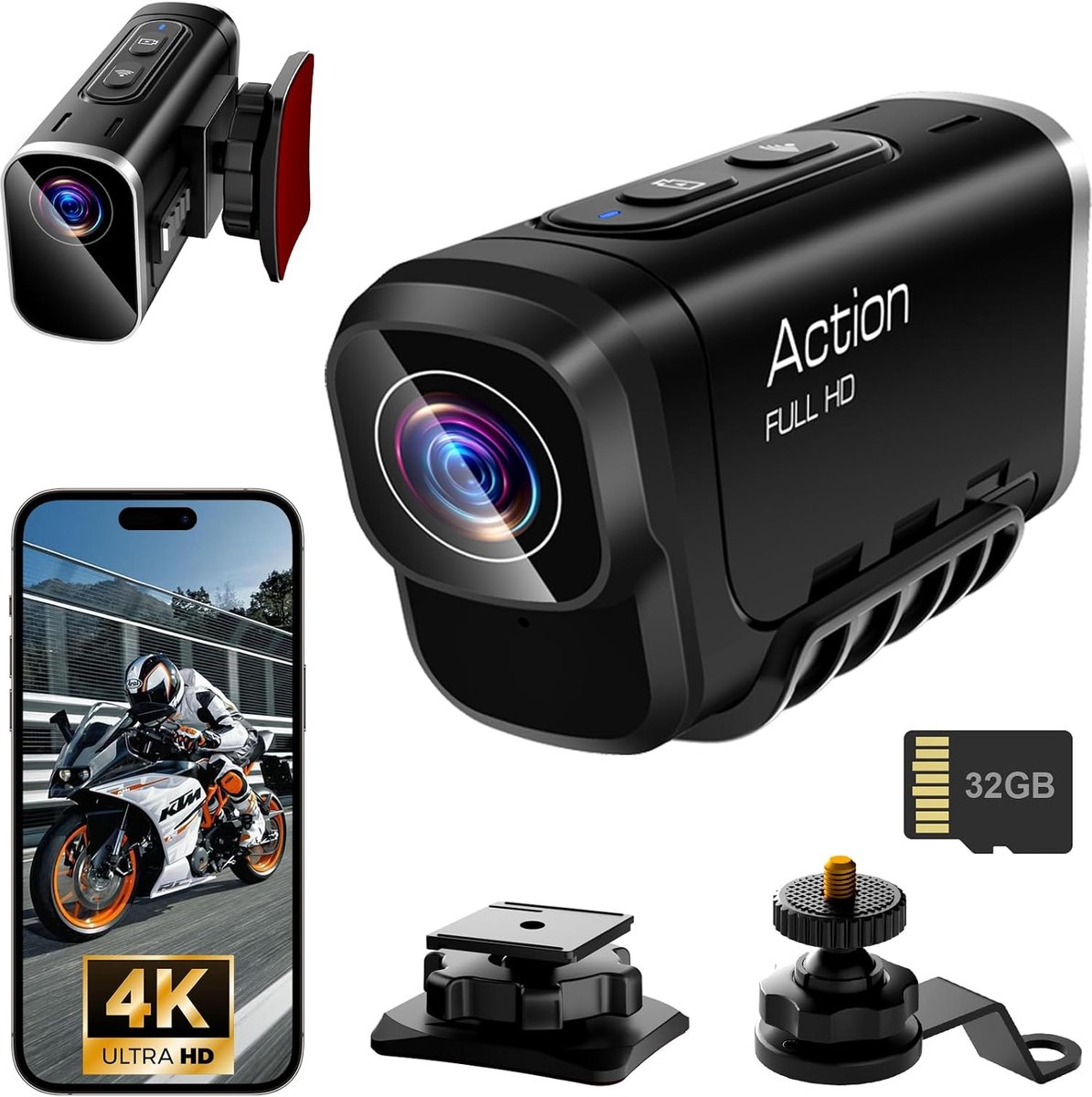 SnelShoppen - Action Cam 4K WiFi Dual Lens Stabilization Sports Camera met 64GB MicroSD - 6 Uur Opname - Ideaal voor Motorfiets, Sport, Avontuur, Reis