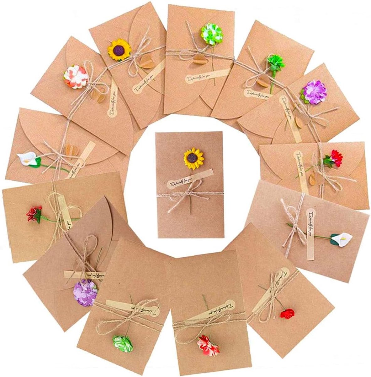 SnelShoppen - 20 Stuks Handgemaakte Wenskaarten met Droogbloemen - Sunflower, Rozen, Daisies, Jute Touw, Enveloppen voor Feestdagen, Verjaardagen, Bed