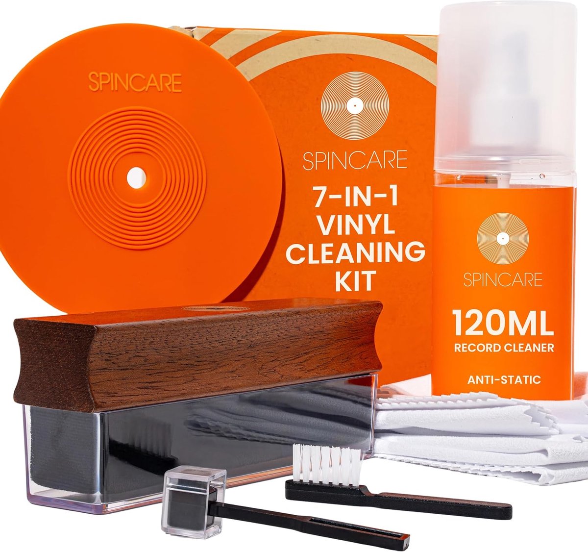SnelShoppen - 7-in-1 Vinyl Cleaning Kit LP Cleaner | Velvet Plate Brush met Houten Handvat & Stofkap | 120ml Reiniger | Nadelborstel met Stofkap | Lab