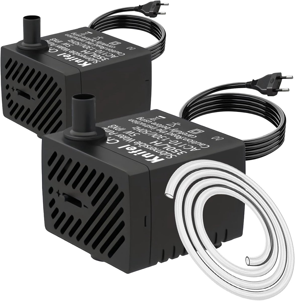 SnelShoppen - Mini Water Pumps Set van 2, 350L/U, 5W, Ultra Stille Waterpomp voor Aquariums, Tuinfonteinen, Hydroponics - Inclusief 2 Spuitstukken