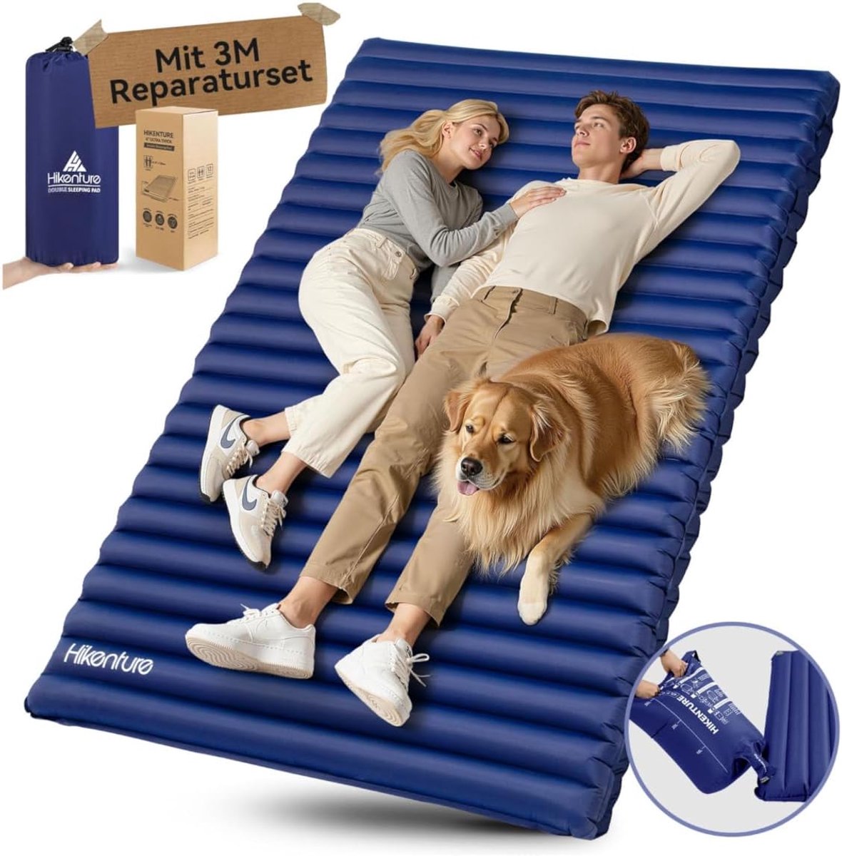 SnelShoppen - Ultralichte Dubbele Luchtmatras voor 2 Personen, Camping, Hiking, Strand, Navy Blauw, Inclusief Pompzak XL, Compacte Opbergmaat