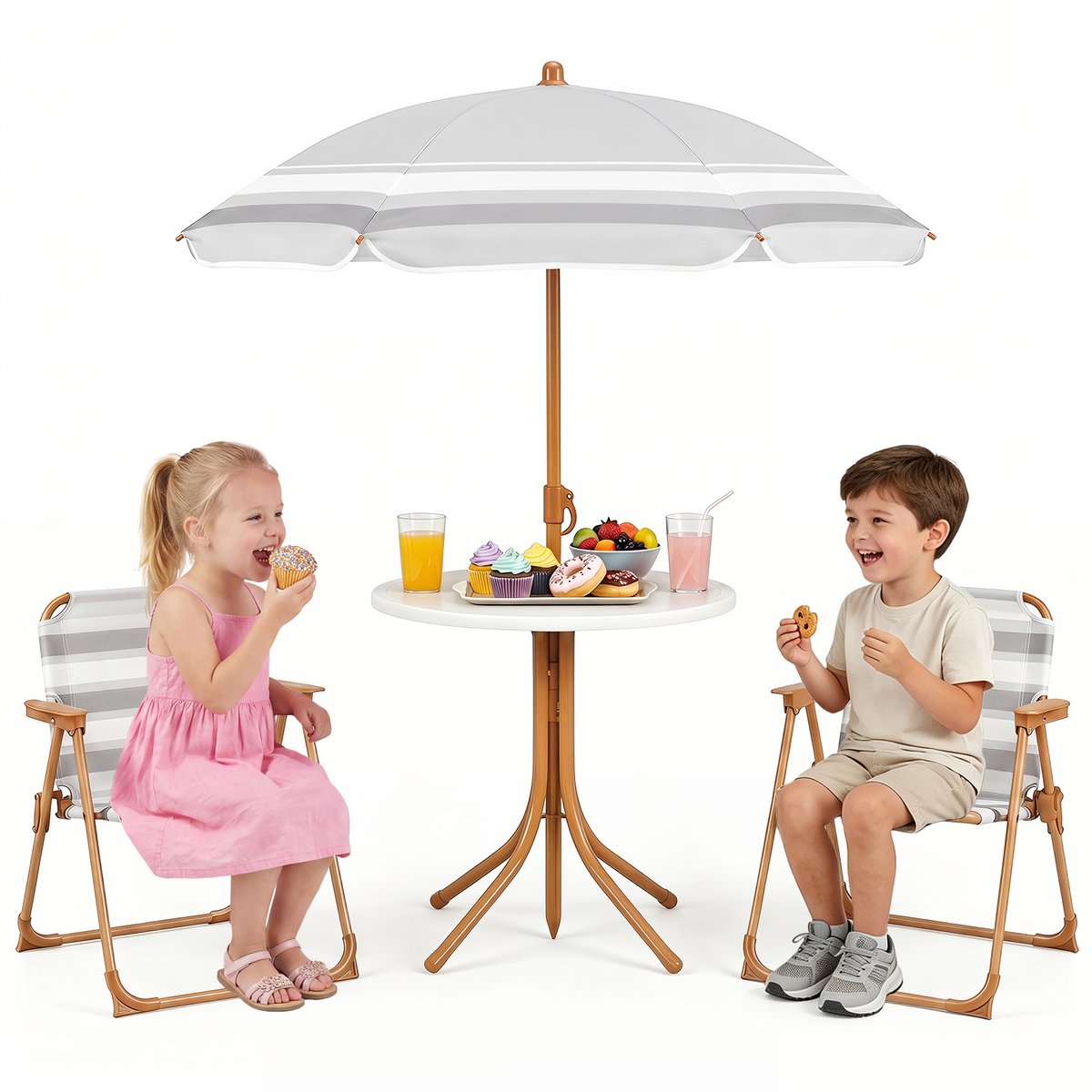 COSTWAY Kindersitzgruppe met in hoogte verstelbare parasol, 4-delig. Kindersitzgarnituur met tafel & 2 klapstoelen, Kinderpicknicktafel buiten, Kindertuinmeubelen voor terras, strand (Natuur)