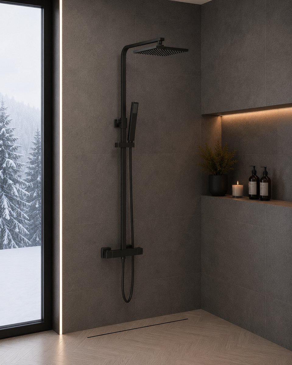 Thermostatische Regendoucheset Vierkant Mat Zwart – Opbouw Douchekolom met Regendouche – Cool Touch – Luxe Doucheset met Handdouche