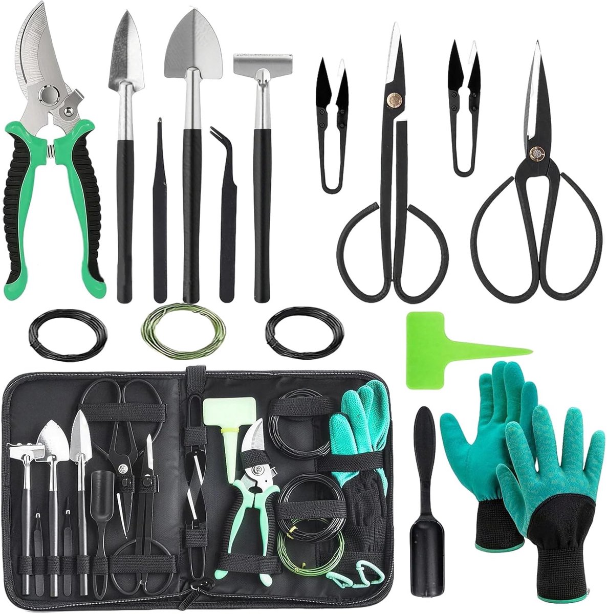 SnelShoppen - Tuingereedschapsset 23-delig, Bonsai-gereedschap met Opbergtas, Robuust Roestvrij Staal, Compleet voor Plantenverzorging en Bloemperken,