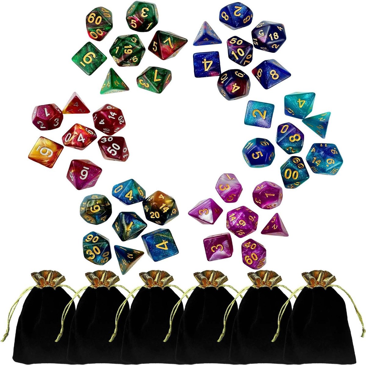SnelShoppen - Glitterdobbelstenen Set 42 Stuks, Polyedrische Dobbelen met Zwarte Tas voor Bordspellen, Kaartspellen, Toverspellen, Dungeons & Dragons