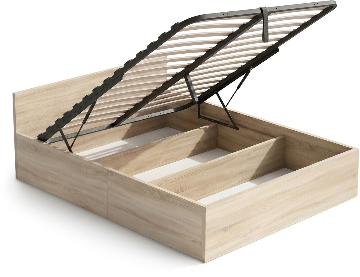 Akord Bed met Opbergruimte / 140x200 cm / Metalen Lattenbodem Opklapbaar / Sonoma Eiken