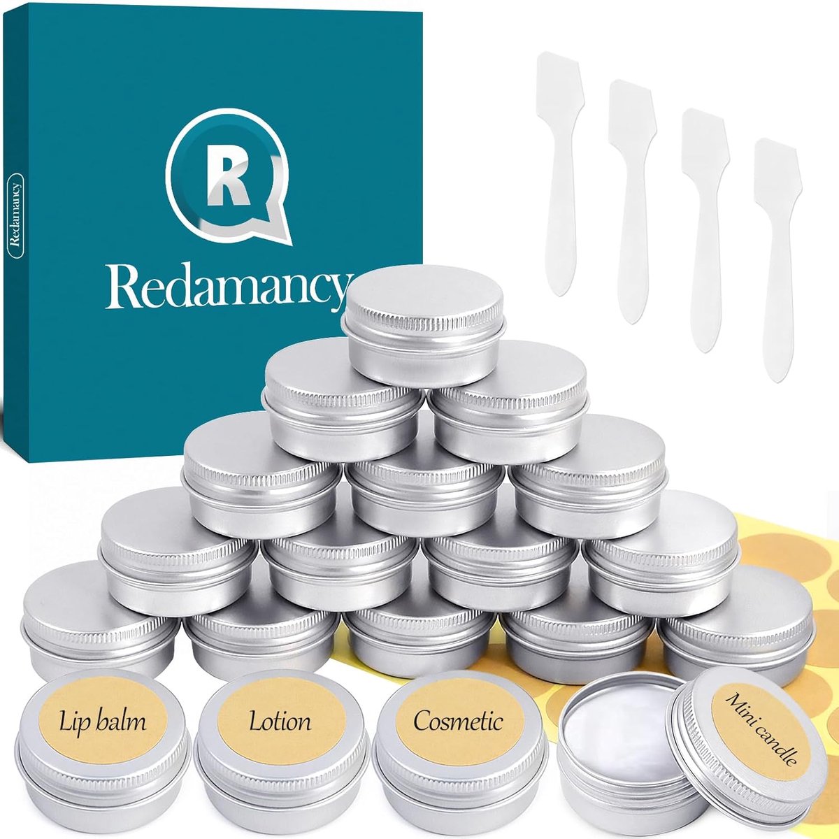 SnelShoppen - 20 stuks aluminium lege containers 20 ml - Ronde make-up potten met stickers en spatels - Ideaal voor crèmes, lippenbalsem, lotion, reis