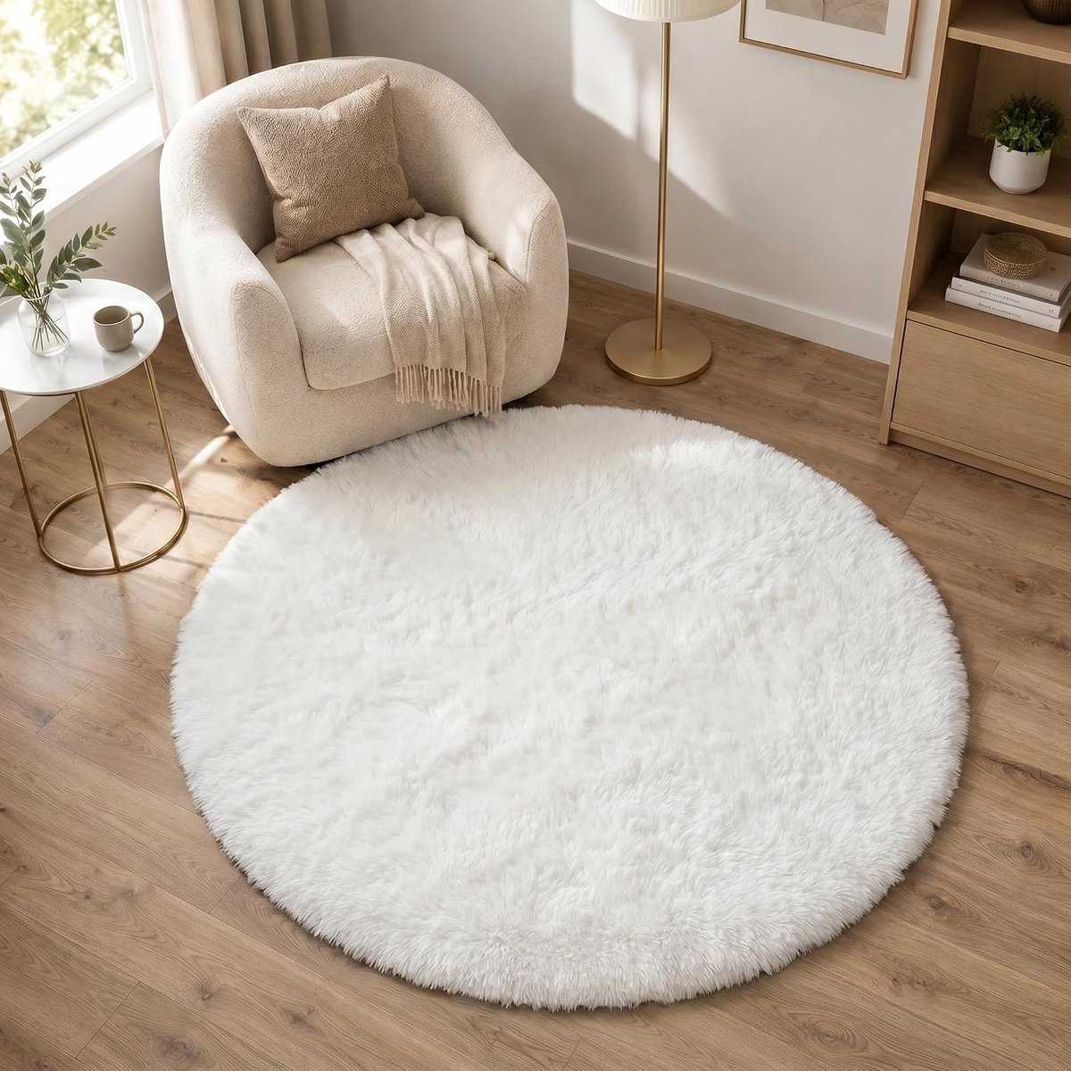 SnelShoppen - Hoogpolig Tapijt Zacht Wit Rond 100 cm - Antislip Bedtapijt voor Woonkamer, Slaapkamer en Kinderkamer - Ondergrond voor Salontafel, Bank