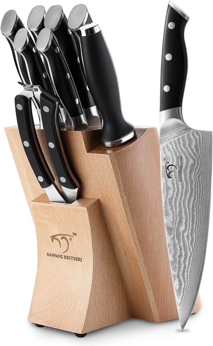SnelShoppen - Professioneel Damascus Messenblok Hout Set van 9 Keukenmessen - Koksmes, Schilmes, Vleesmes - Roestvrij Staal, Scherpe Messen voor Koken