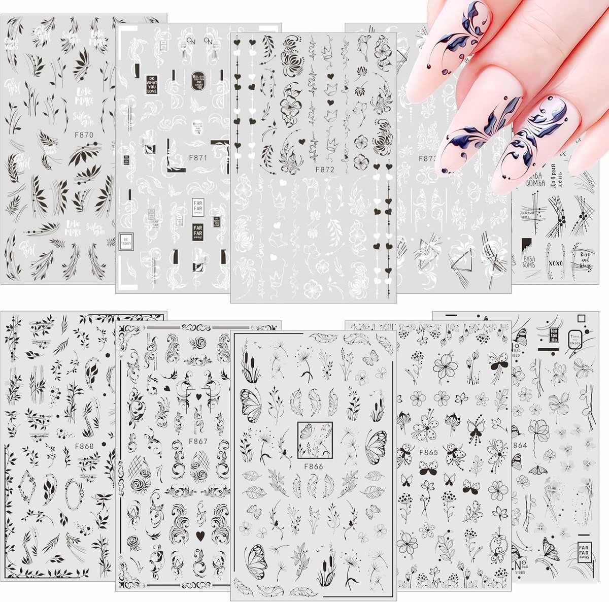SnelShoppen - 10 Vellen Zelfklevende Nagelstickers - Wit en Zwart Bloemen Nail Art Stickers voor Vrouwen en Meisjes - Perfect voor Festivals en Nagela