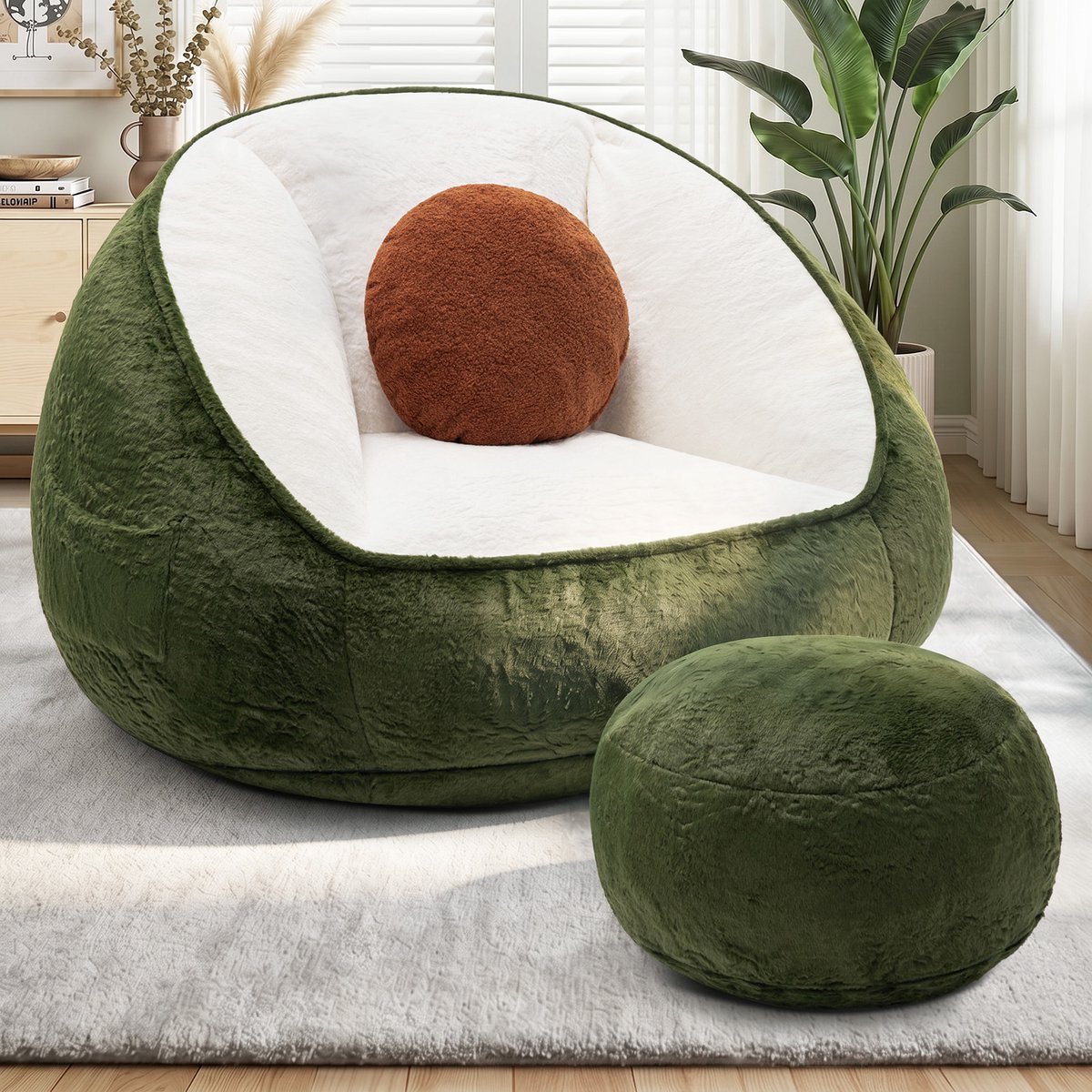 HOMMPA XXL Zitzak met Voetenbank Avocadogroen – Memory Foam Relaxstoel met Rugleuning – Kunstkonijnenbont Hoes – Inclusief Kussen & Zijvak – 120×110×80 cm