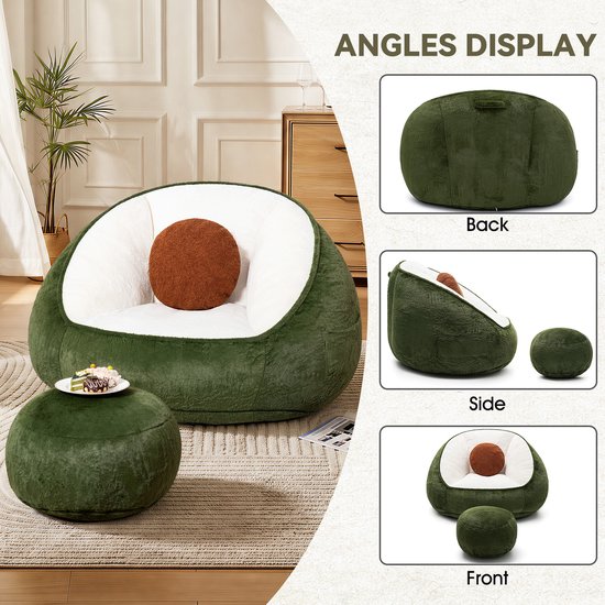 Groene zitzak in avocadovorm, witte binnenkant, met bruin kussen en poef. Zijaanzicht.