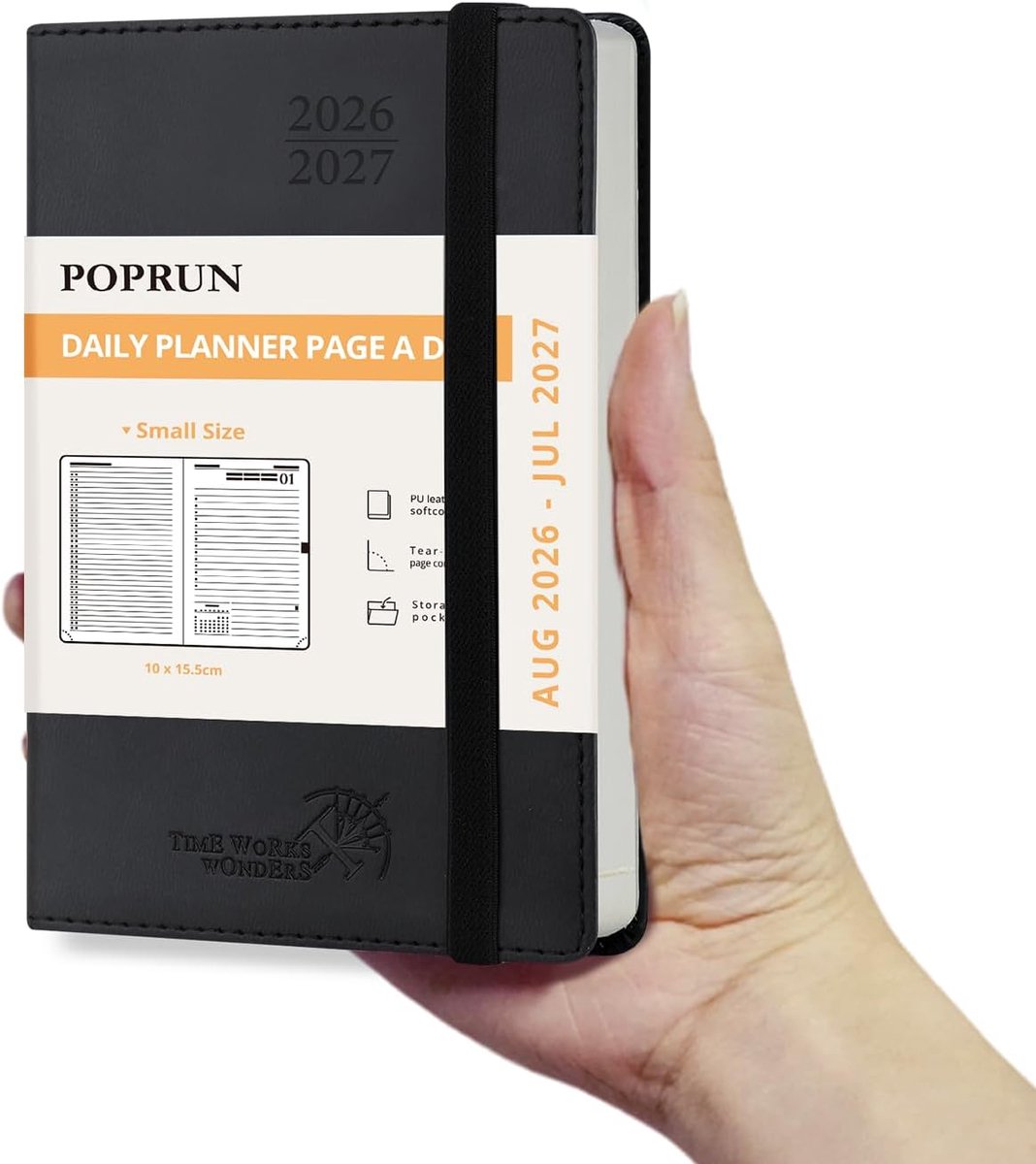 SnelShoppen - Pocket Agenda 2026 2027 Dagplanner 16 x 10,5 cm, 1 Pagina per Dag, Zwart PU Lederen Kaft, Klein A6 Planner, Augustus 2026 tot Juli 2027