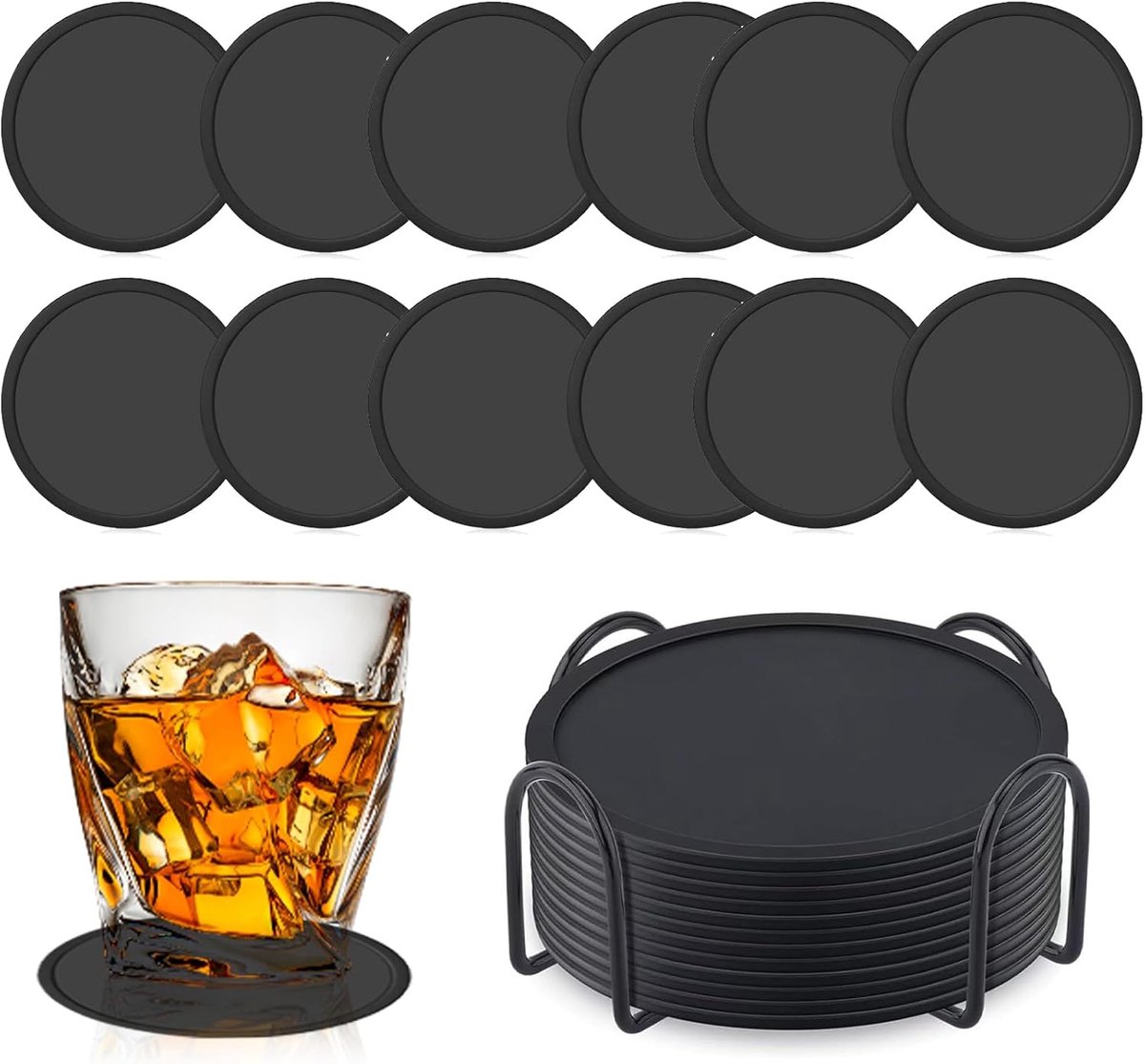 SnelShoppen - 12-delige siliconen drinkonderzetters met metalen houder, antislip, hittebestendig, 10 cm zwart, voor thuis, keuken, kantoor, BPA-vrij,