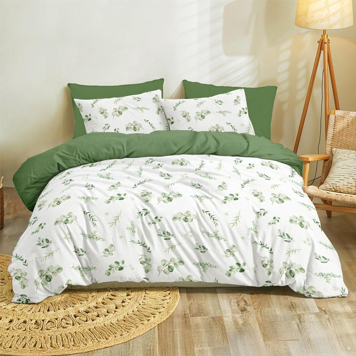 SnelShoppen - Dreamzie dekbedovertrek 220x240 cm saliegroen met 2 kussenslopen 65x65 cm, botanisch bladmotief, Oeko TEX microvezel bedlinnen voor volw