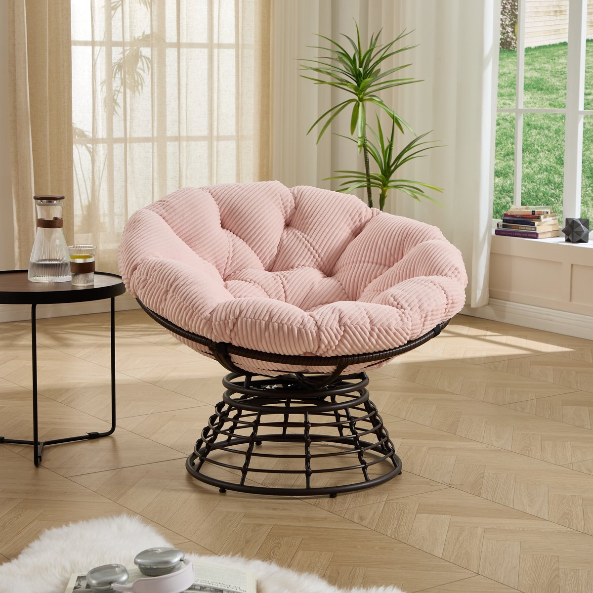 FloraGrace Fauteuil 92 Cm - 360 Graden Draaibaar En Ergonomisch Papasan Ontwerp - Voor Woonkamer Slaapkamer Of Leeshoek - Rotan En Stof - Roze