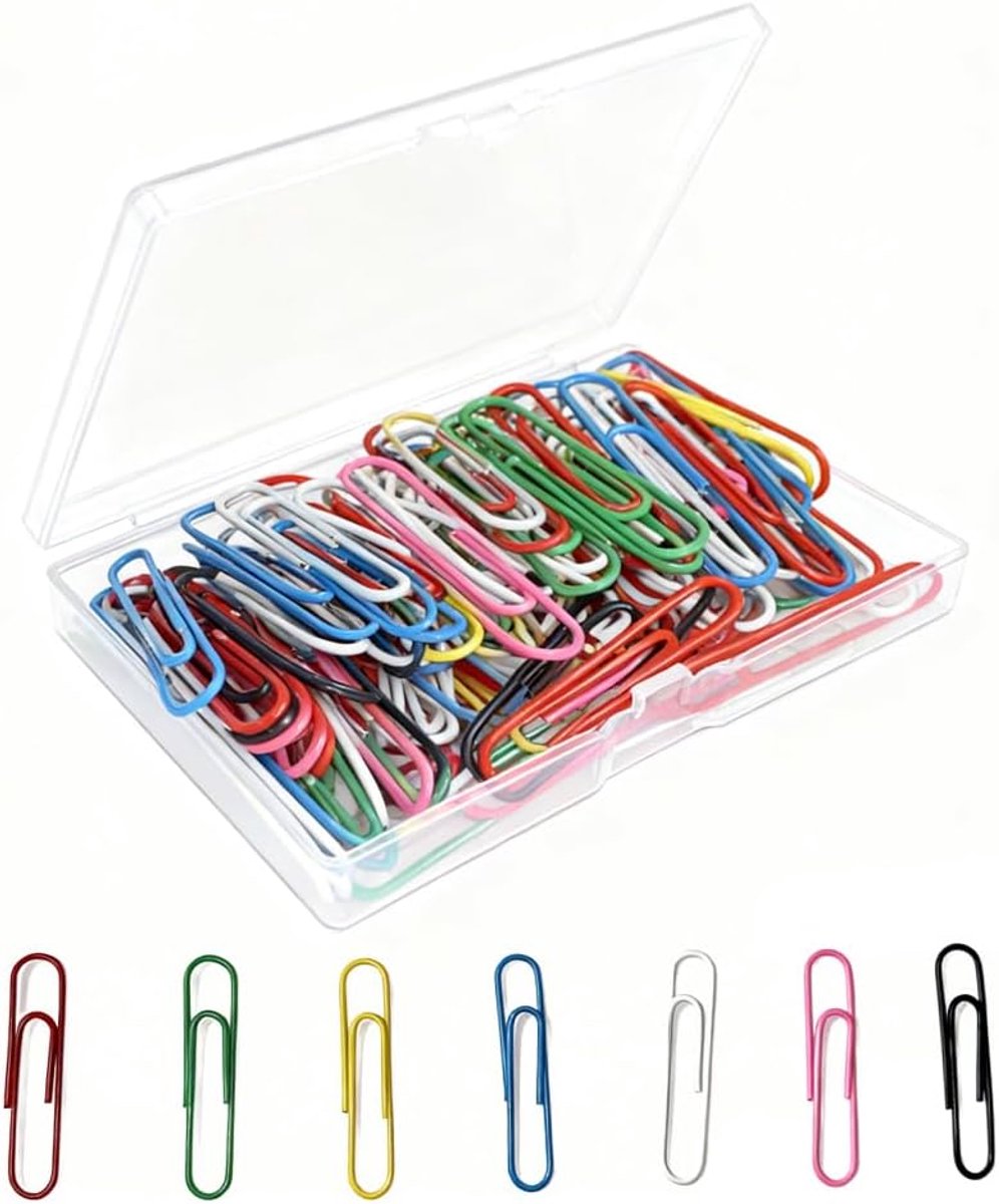 Thijox - 100 Gekleurde Paperclips - Grote Metalen Clips 50mm - Kantooraccessoires in 7 Kleuren - Ideaal voor Documenten en Kleurcodering - Set met Opb
