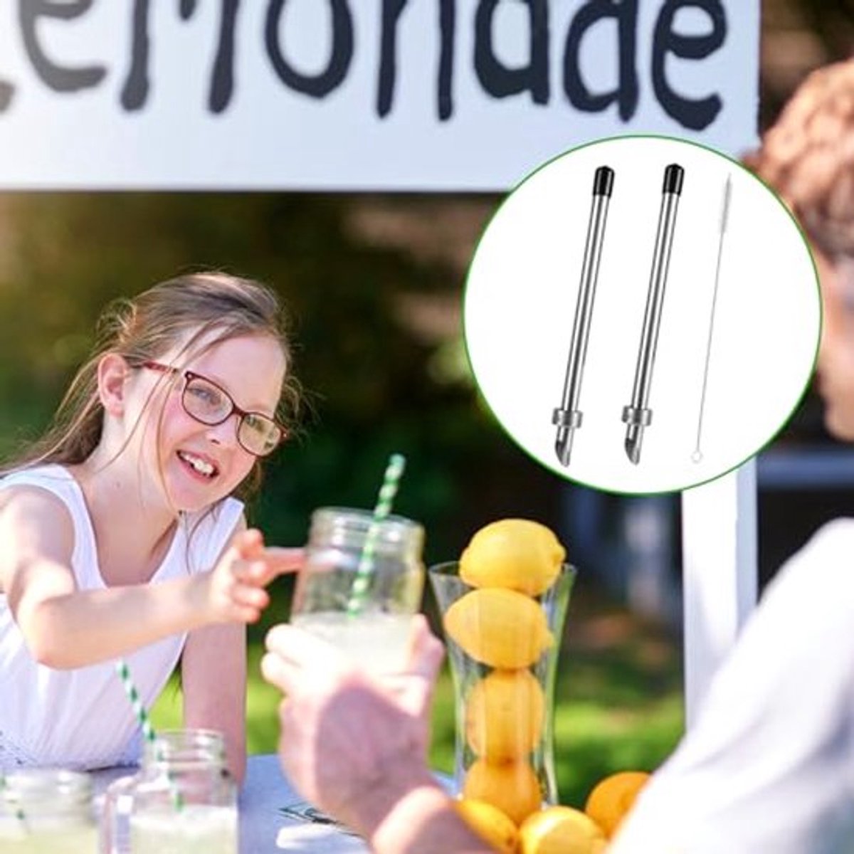 2st Rietjesperforator voor Plastic Deksels, Limonade 22cm Rietjesperforator met Reinigingsborstel Roestvrij Staal Perforator voor Bekerdeksels Gereedschap Drankjes Versgeperste Limonade