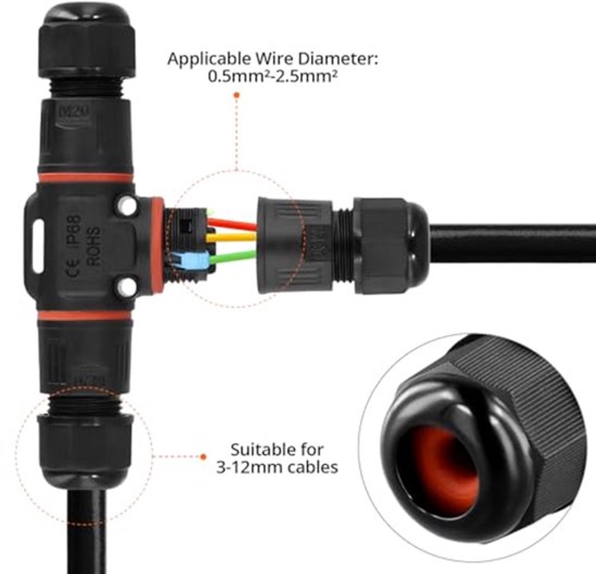 ® Pack van 4 kabelconnectoren, waterdicht IP68, 3-weg kabelconnector, T-vormige kabelconnector, geschikt voor 3-12 mm kabel