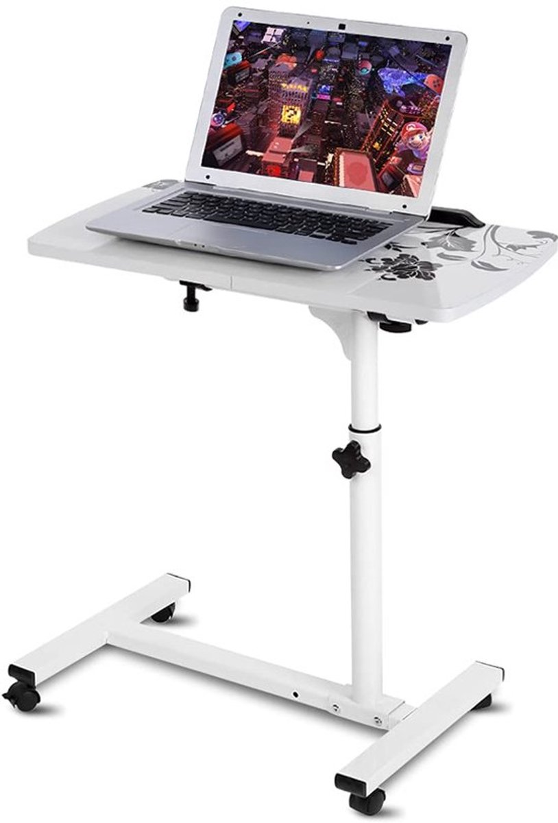 Verwijderbaar laptopbureau met wielen, hoogte 62-88 cm, veelzijdige slaapbank, boeken, snacks, bureau (wit)