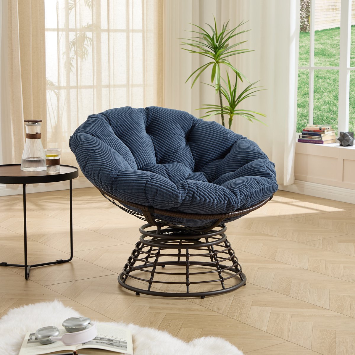 FloraGrace Fauteuil 92 x 67 Cm - Draaibare Papasanstoel Met Dik Kussen - Voor Woonkamer, Slaapkamer Of Buiten - PE Rotan En Metaal - Bruin Donkerblauw