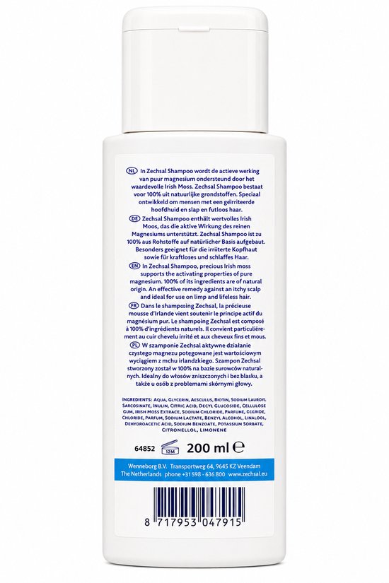 Achterkant van een Zechsal fles, met meertalige productinformatie en ingrediënten.
