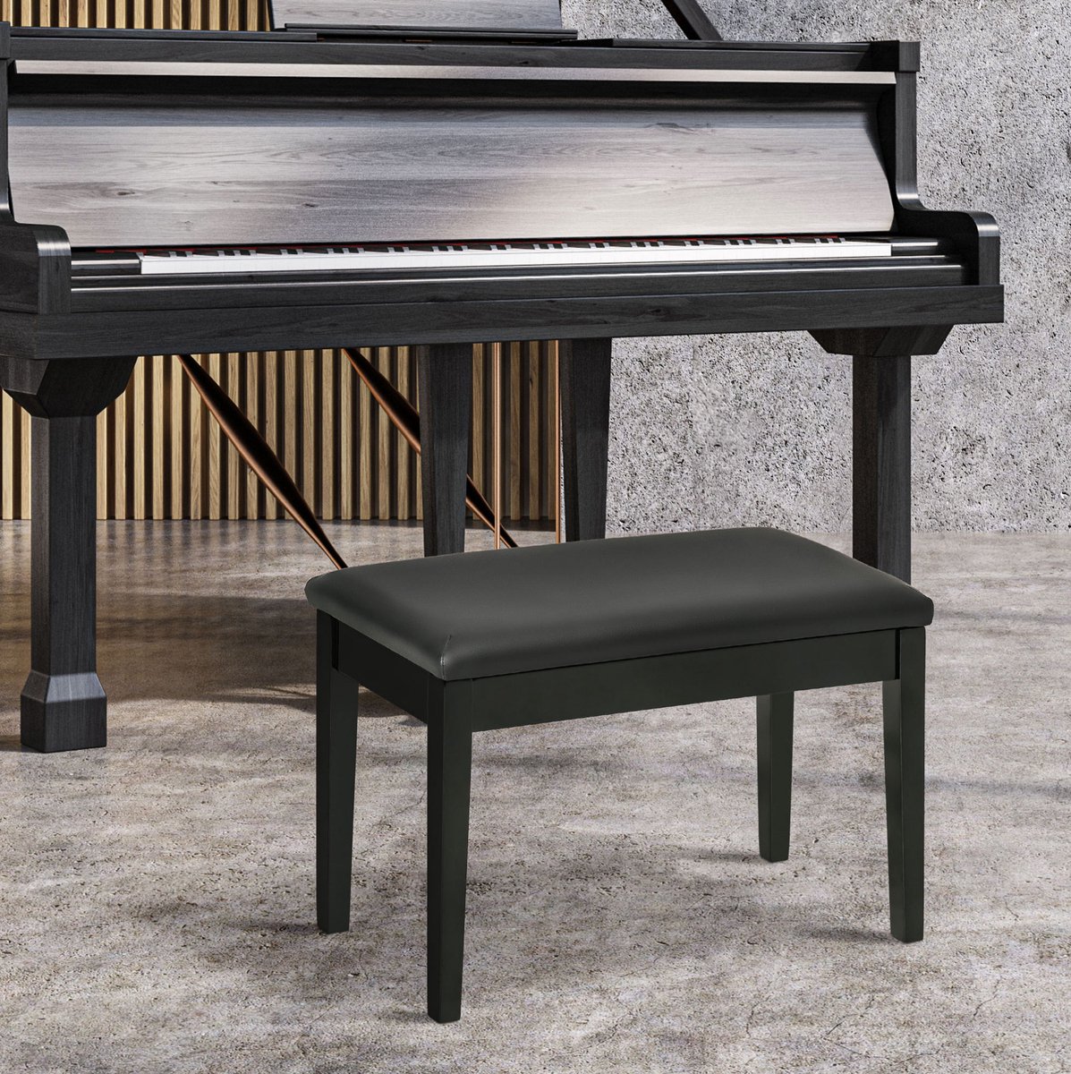 FloraGrace Bankje 75 x 35 x 49 cm - Hoogteverstelbare Pianobank Met Opbergruimte En Comfortabel Kunstleren Kussen - Hout - Zwart