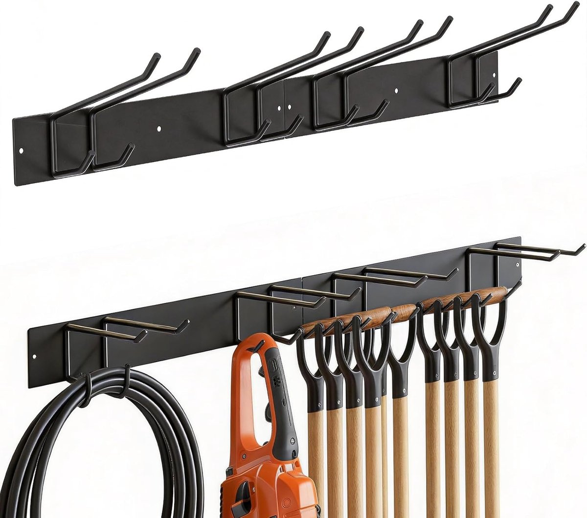 SnelShoppen - 2 stuks Muurbeugel voor Garage en Tuin, Duurzame Wandorganizer met 4 Dubbellaagse Haken, Roestvrij Staal, Zwart, Ideaal voor Gereedschap