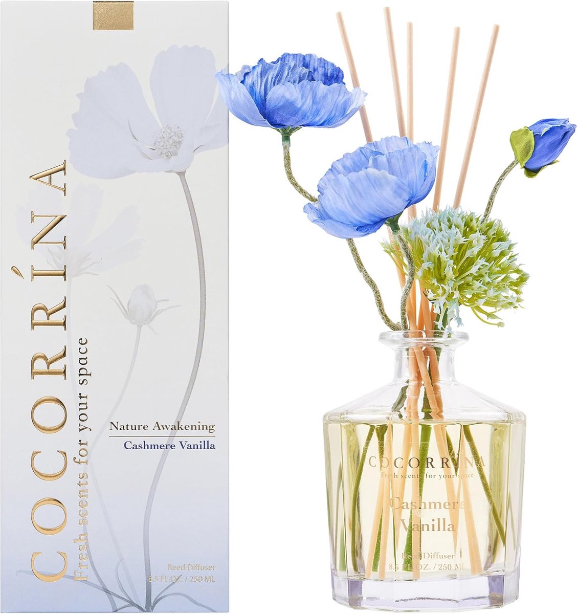 SnelShoppen - Geurstokjes Set van 250ml met Cashmere Vanille Geur, 8 Rietjes, Decoratieve Gedroogde Bloemen voor Slaapkamer, Kantoor en Badkamer
