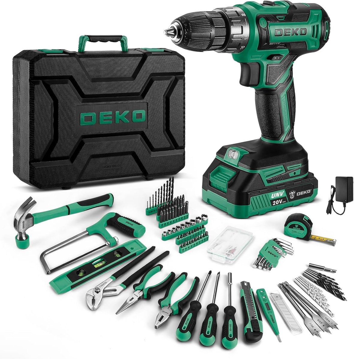 SnelShoppen - Complete Gereedschapsset met Elektrische Schroefboor/Boormachine 20V Accu, 186 Onderdelen, Groene Professionele DIY Toolbox voor Kantoor