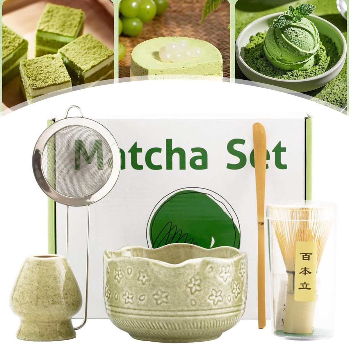 5-Delige Matcha Garde Set - Japanse Ceremonie Matcha Theeset - Matcha-Maakset - Kom Bamboe Garde Houder Roestvrijstalen Zeef Theelepel