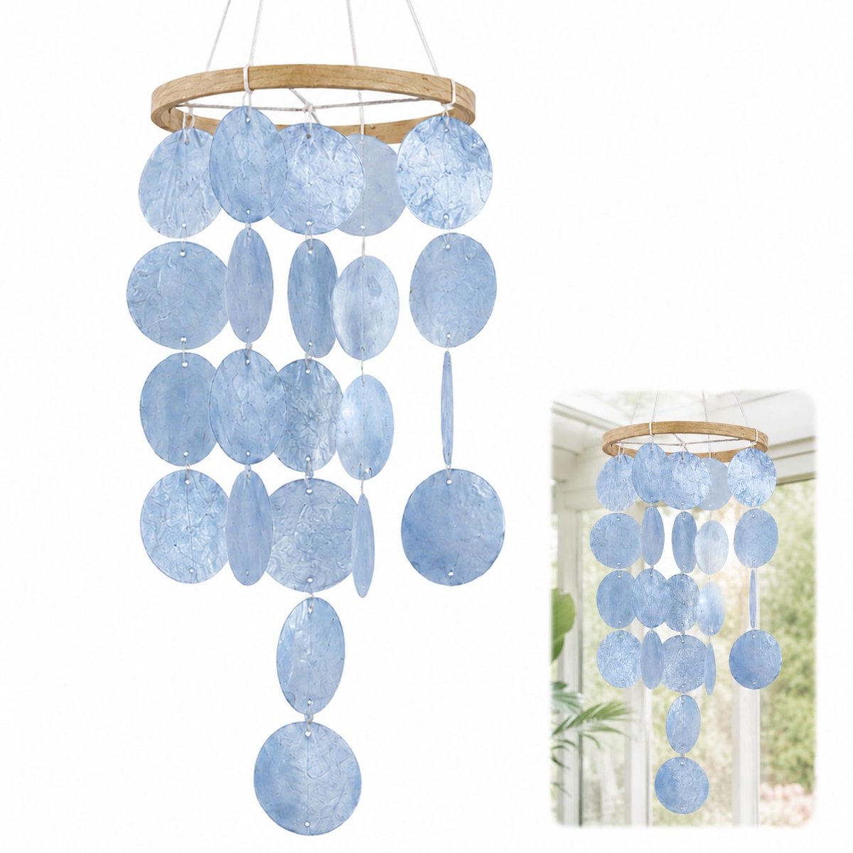 Namajunas - Windgong met schelpen - Blauw bohemian schelpwindgong - 73 cm lange schelpwindgong hangdecoratie - Buiten schelpwindgong - Geschikt voor tuin, raam, balkon, binnen en buiten - Natuurlijke - Perfect cadeau