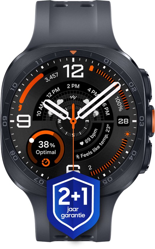 Samsung Galaxy Watch Ultra noire avec bracelet perforé, interface de montre de sport avec heure, date, fréquence cardiaque et badge "Garantie 2+1 ans".