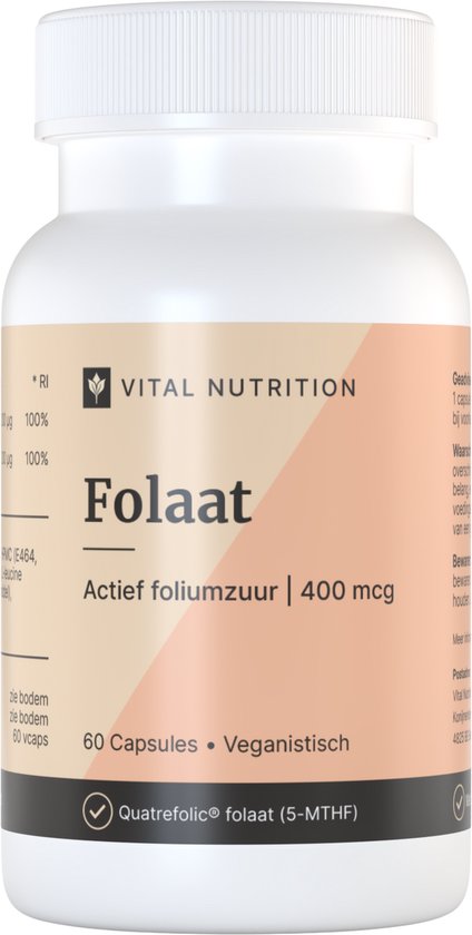 Witte pot met etiket: Vital Nutrition Folaat, actief foliumzuur 400 mcg. 60 Capsules. Veganistisch. Quatrefolic® folaat (5-MTHF).
