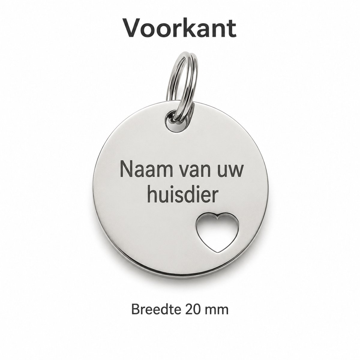 Gepersonaliseerde Hondenpenning Rond met Hartje - Kattenpenning / Huisdierpenning - Gegraveerde ID-tag met naam, telefoonnummer en adres - Dubbelzijdig RVS naamplaatje - Zilver - 20 mm