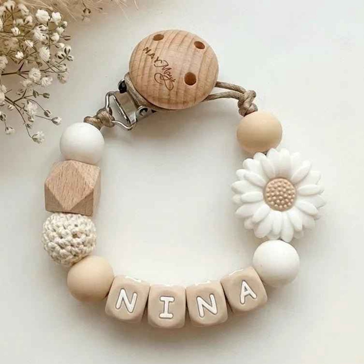May Mays | Speenkoord met Naam | Bloem Wit Naturel | Gepersonaliseerde Speenketting Baby | Kraamcadeau Pasgeborene | Babyshower Cadeau | Newborn Gift | Siliconen letterkralen