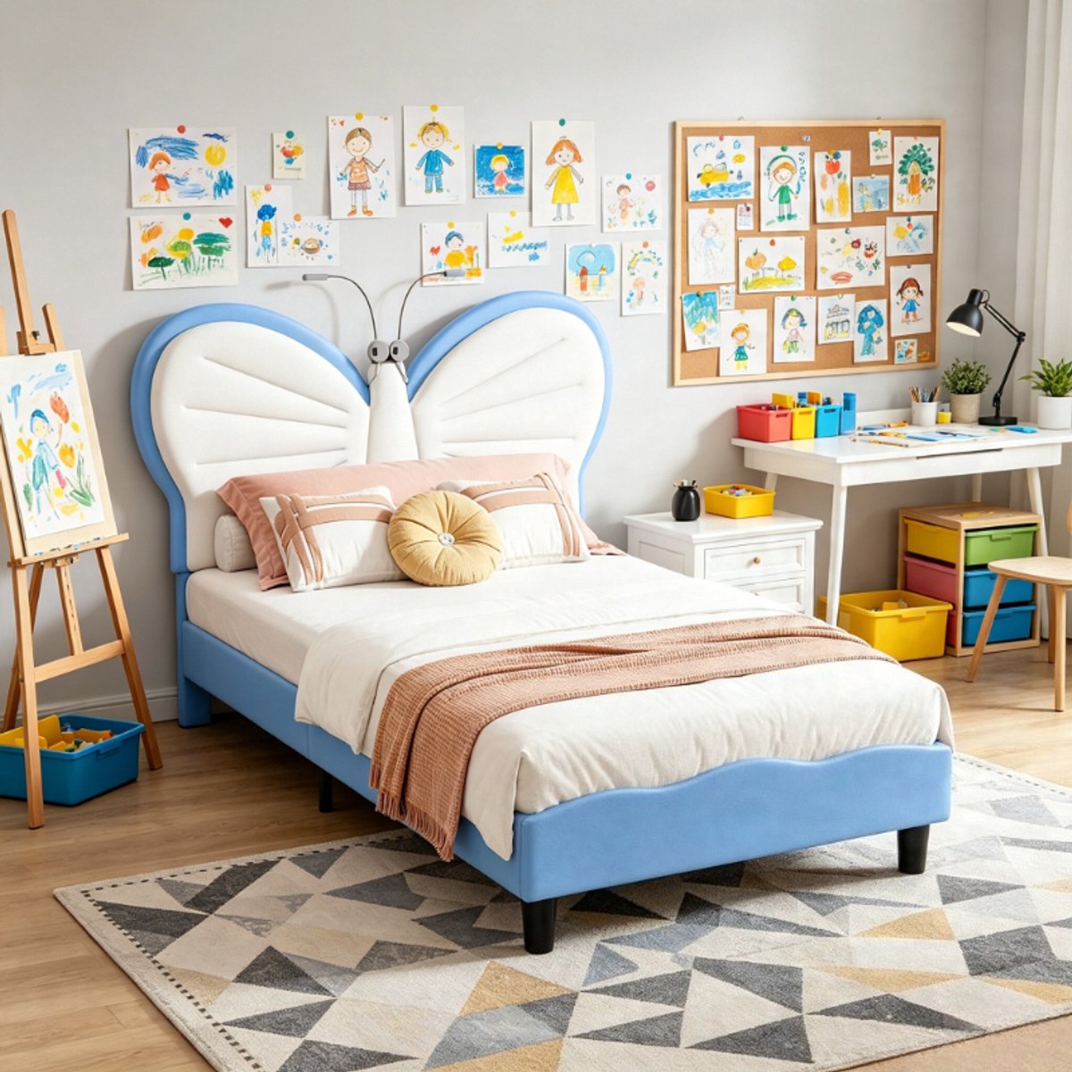 Kinderbed 90x200 cm met leeslamp, eenpersoonsbed met vlinder hoofdbord, gestoffeerd junior bed met verstelbaar hoofdbord, fluwelen bedframe in wit blauw, zonder matras