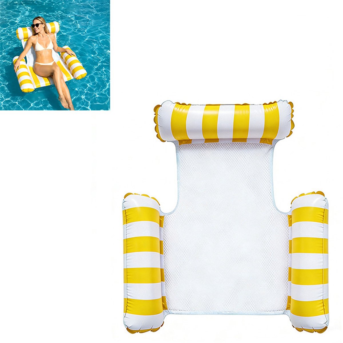 Opblaasbare Waterhangmat - Drijvend Zwembadstoel - Zwembad Float - Luchtbed Voor In Het Water - Met mesh midden, comfortabele zitting, geschikt voor volwassenen - PVC - 120×105 cm - Voor Zwembad En Zomerfeest - Geel
