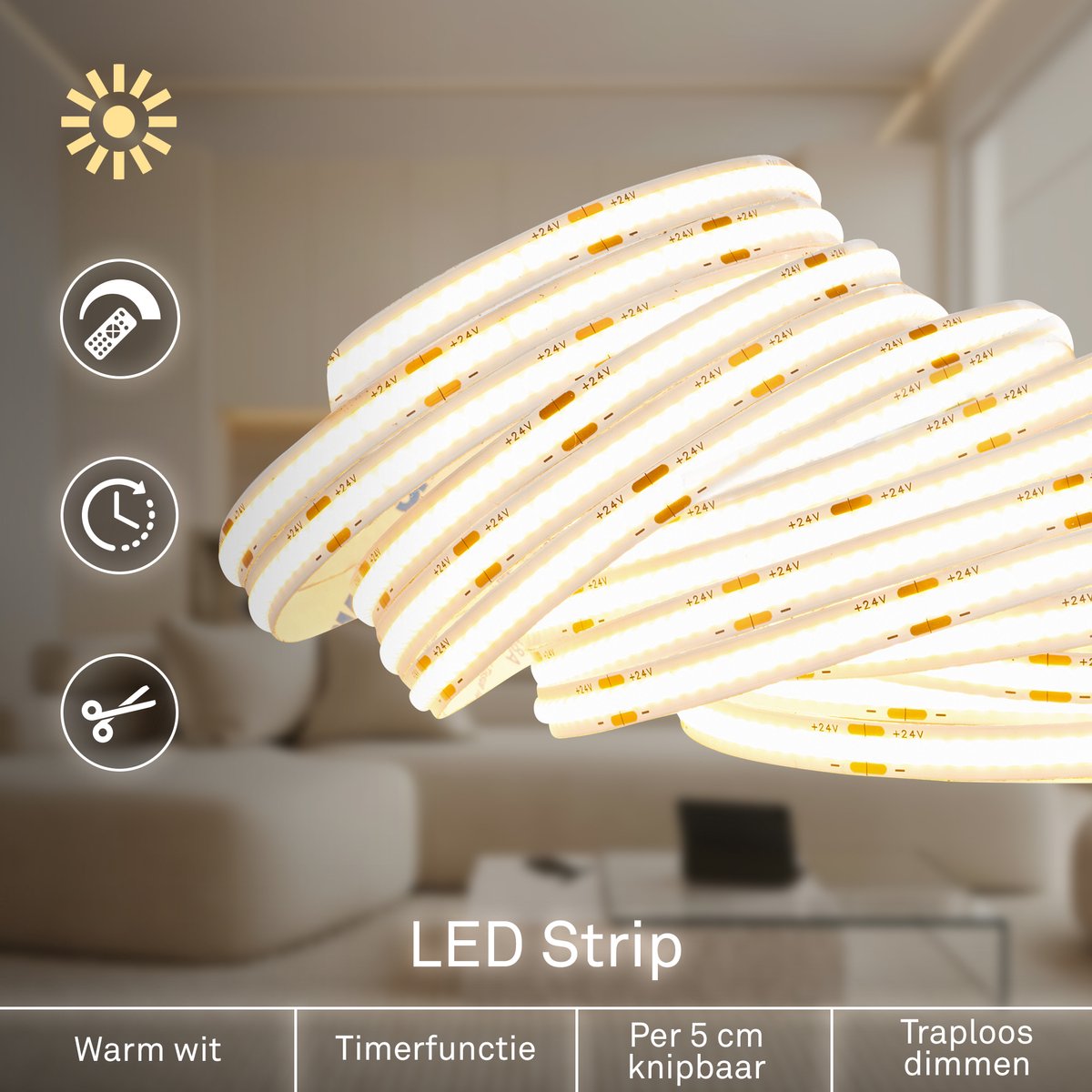 BRILONER Cob - LED Strip 5 meter - light strip - LED verlichting - met afstandsbediening - dimbaar - warm wit licht